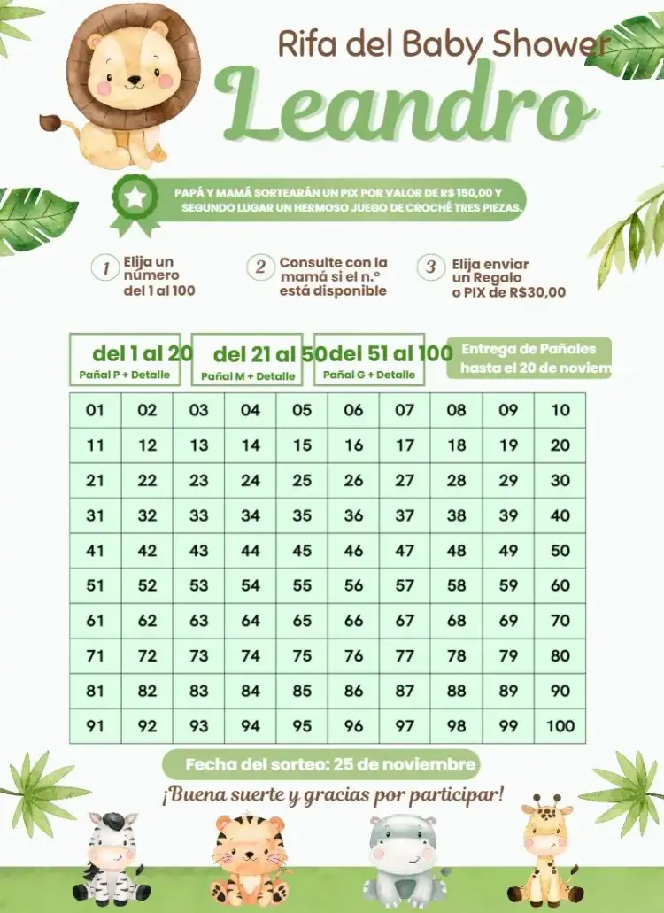 Invitación Safari Animales León – tema Té Rifa safari, naturaleza, colorido, divertido, infantil, ilustraciones