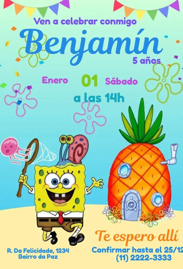 Invitación Bob Esponja Pantalones Cuadrados