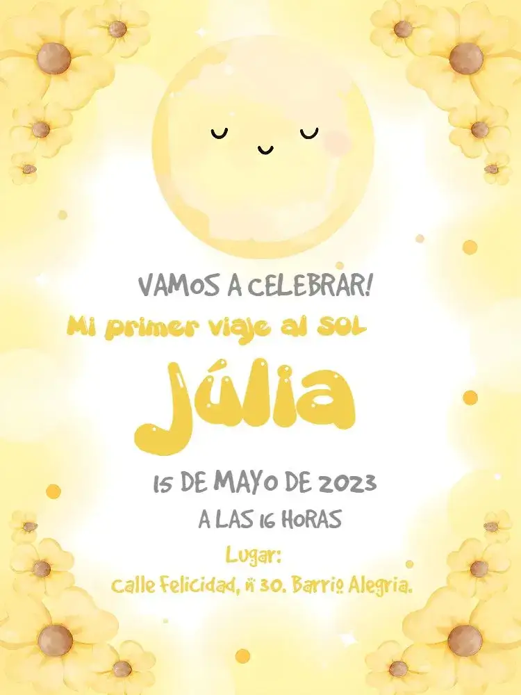 Invitación Primera Vuelta Al Sol Blanco – tema Primera Comunión blanco, amarillo, minimalista, delicado, moderno