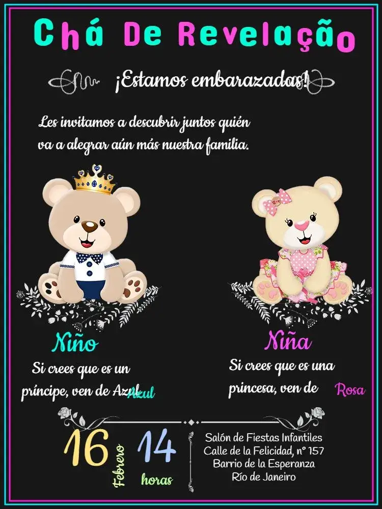 Invitación Chá de Revelación Niño o Niña Pizarra – tema Revelación Bebé pizarra, osito, moderno, colorido, divertido