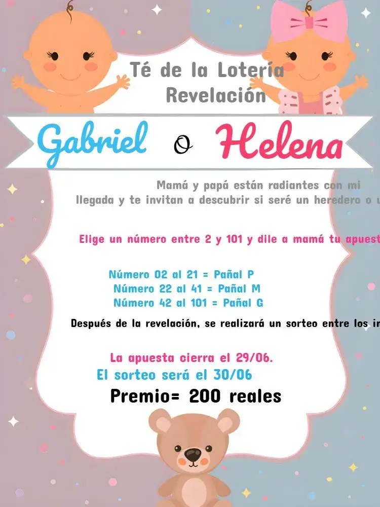 Invitación Té Rifa Revelación Bebés Cha – tema Revelación Bebé colorido, lúdico, fofo, moderno, minimalista, divertido