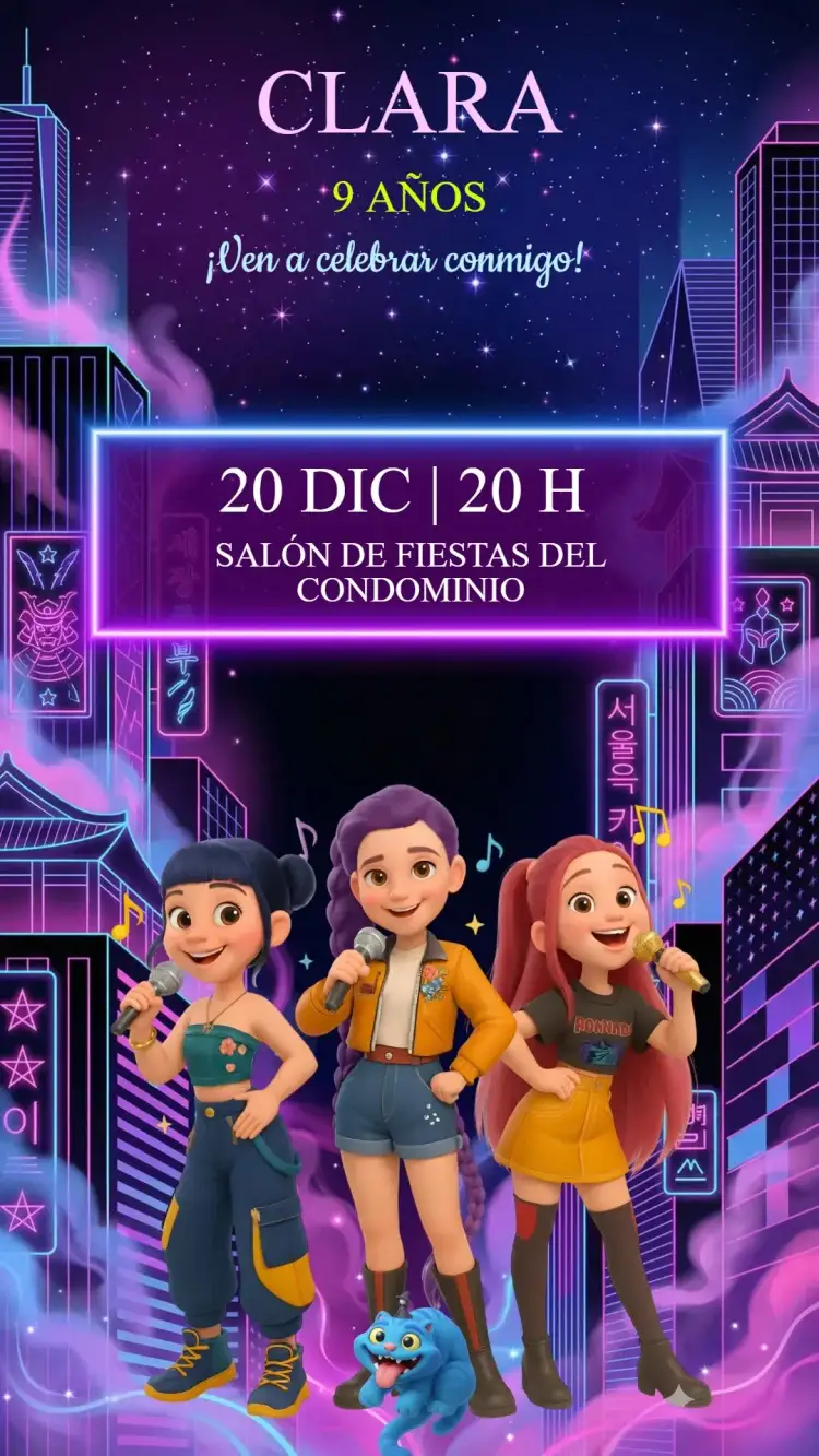 Invitación Invitación Cumpleaños Guerrera K-Pop – tema Cumpleaños Infantil colorido, moderno, pop, brillante, divertido, animado