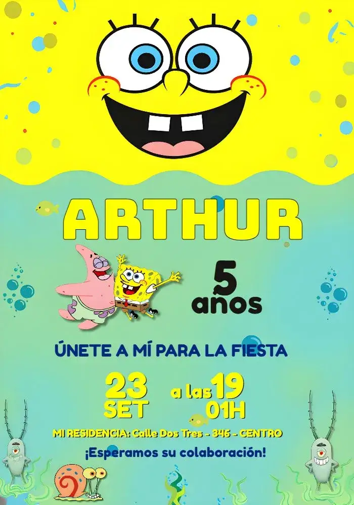 Invitación Bob Esponja Mar – tema Más buscados colorido, marino, infantil, divertido, animado, temático