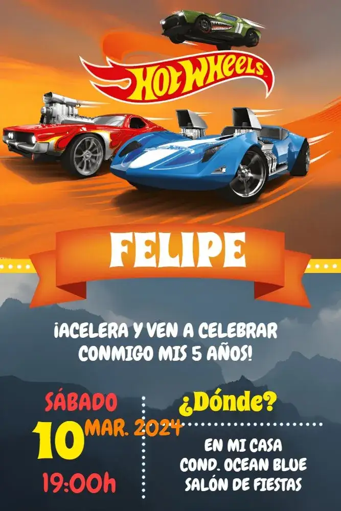 Invitación Hotwheels Niño – tema Más buscados carritos, azul, naranja, moderno, divertido, temático