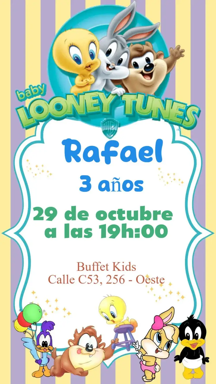 Invitación Looney Tunes – tema Cumpleaños Infantil infantil, animación, personajes