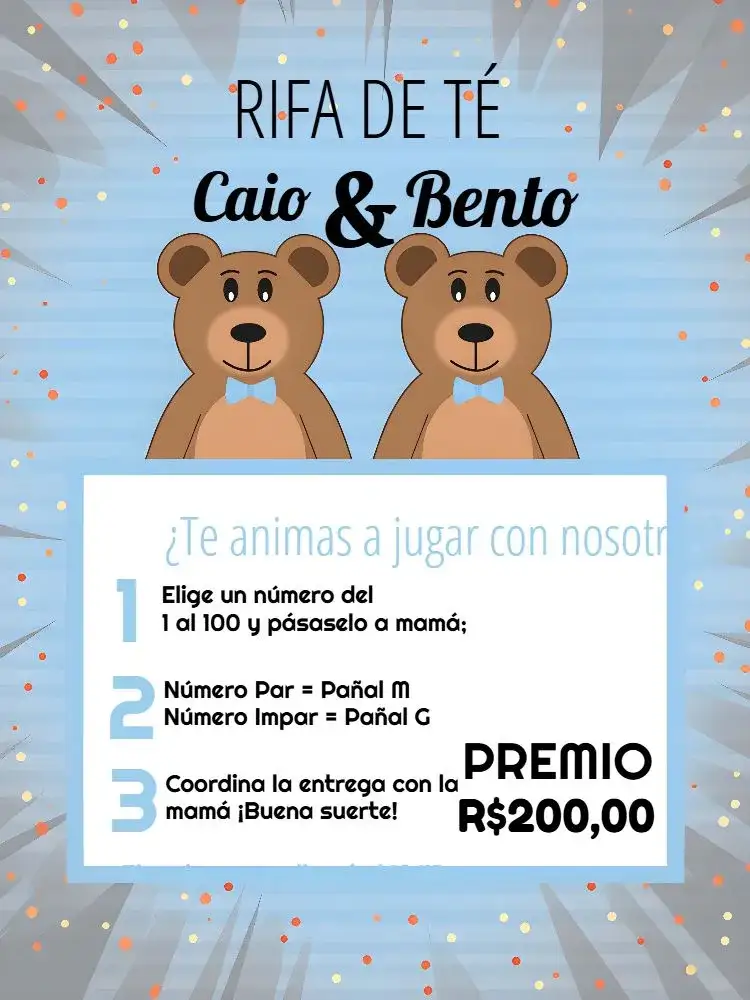 Invitación Té Rifa Ositos Gemelos Azul – tema Té Rifa azul, blanco, tierno, infantil, animales, lúdico