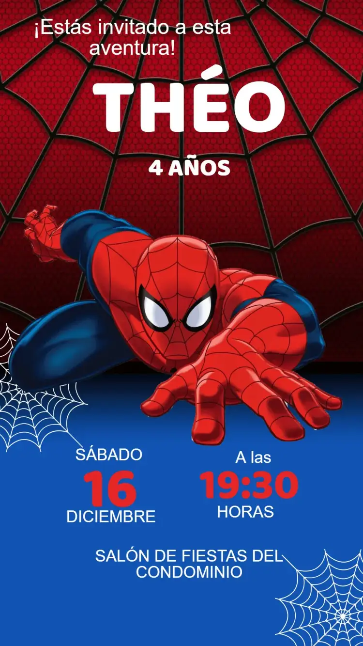 Invitación Invitación Digital Spider-Man Infantil Editable y Personalizada – tema Cumpleaños Infantil colorido, urbano, superhéroe, divertido, juvenil