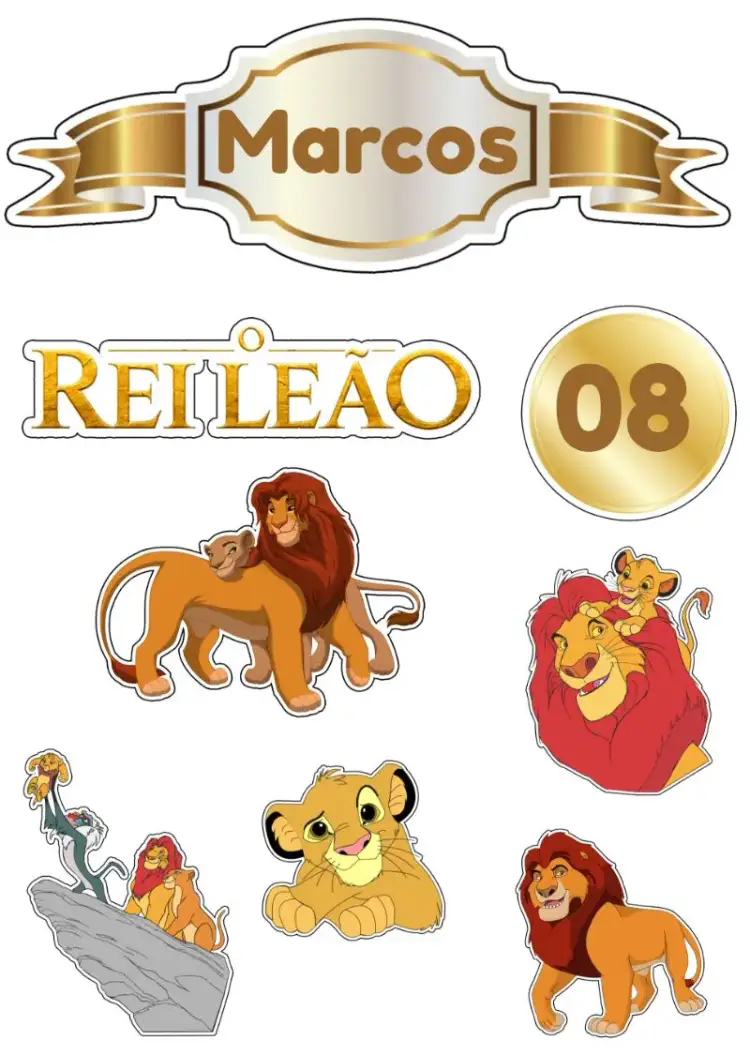 Invitación Topo De Pastel Rey León Dorado – tema Cumpleaños Infantil dorado, temático, animales, colorido, juguetón