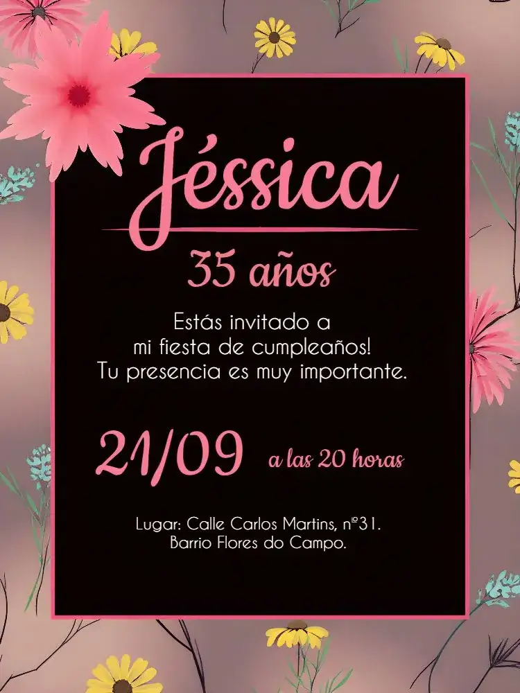 Invitación Floral Delicado – tema Cumpleaños floral, elegante, moderno, delicado, rosa y negro, estilo adulto