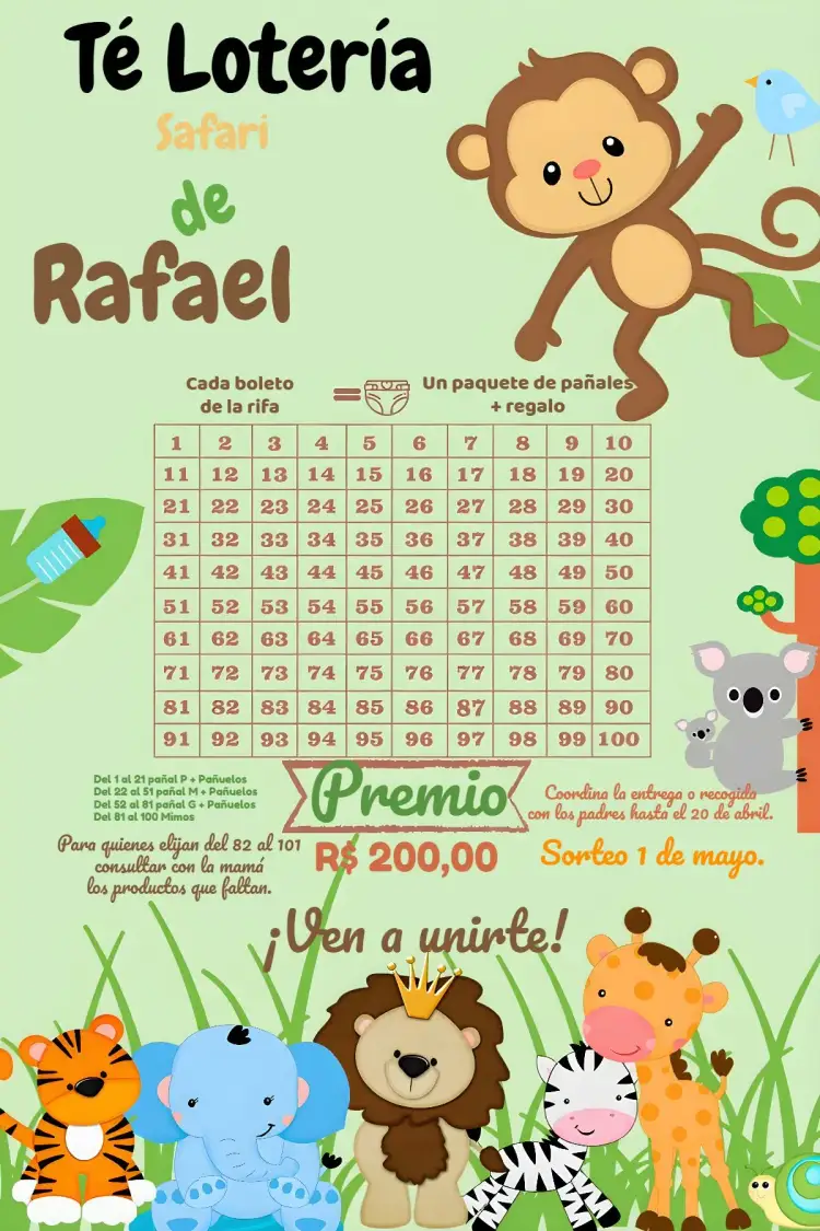 Invitación Rifa de Pañales Safari Animales – tema Baby Shower safari, animales, naturaleza, colorido, infantil, divertido