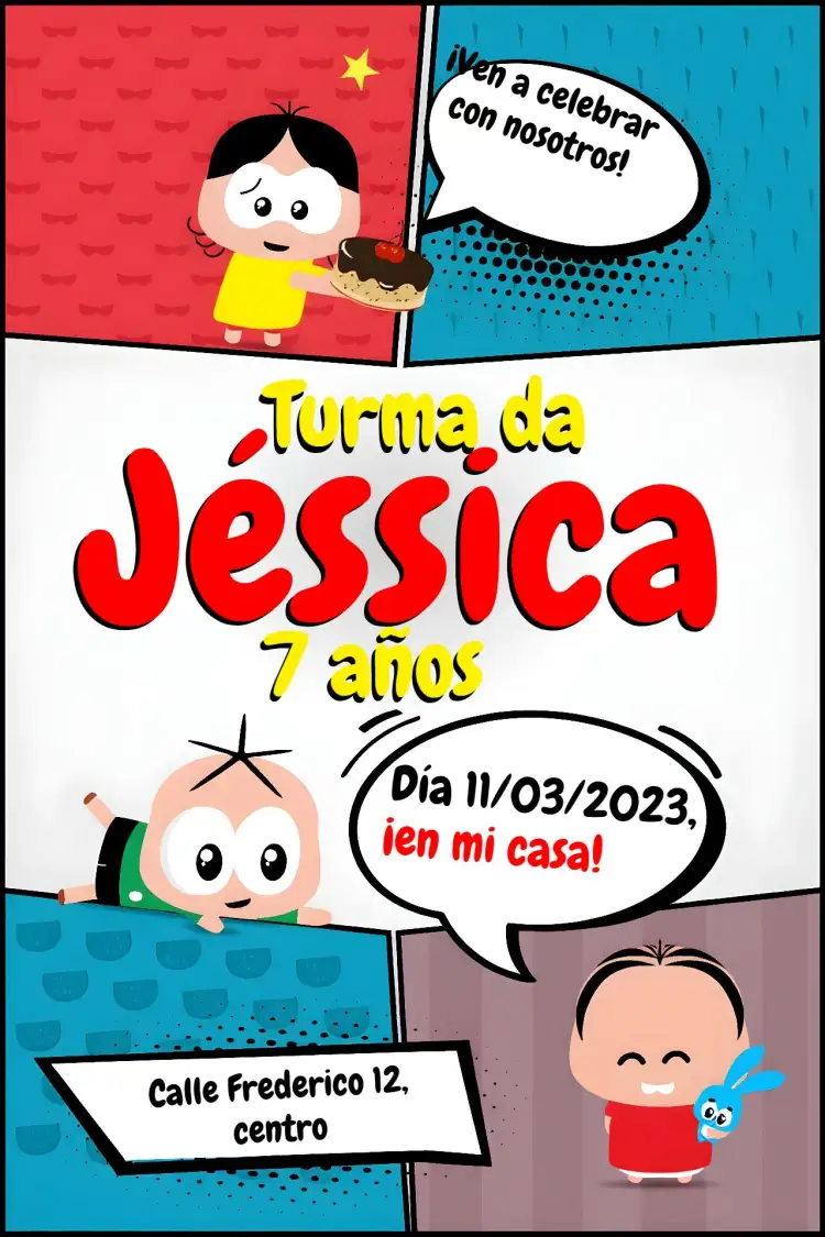 Invitación Turma Da Mónica Mónica – tema Cumpleaños Infantil colorido, infantil, divertido, juguetón, temático