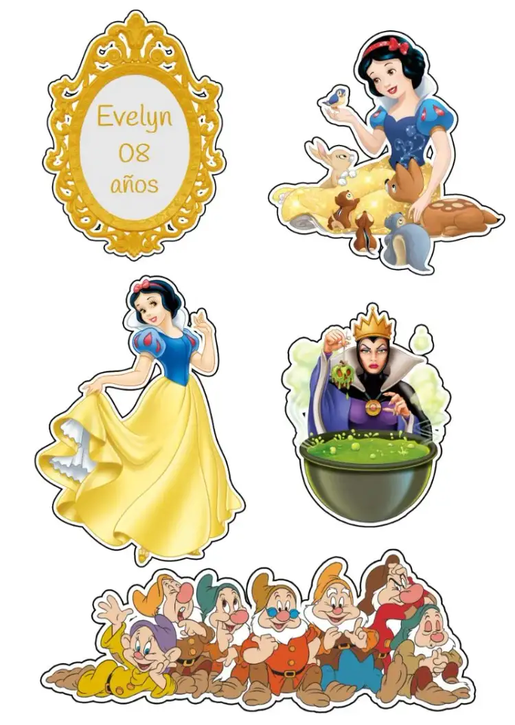 Invitación Topo De Pastel Blanca Nieves Imprimir – tema Topper de torta colorido, infantil, cuento de hadas, mágico, divertido, ilustraciones lúdicas