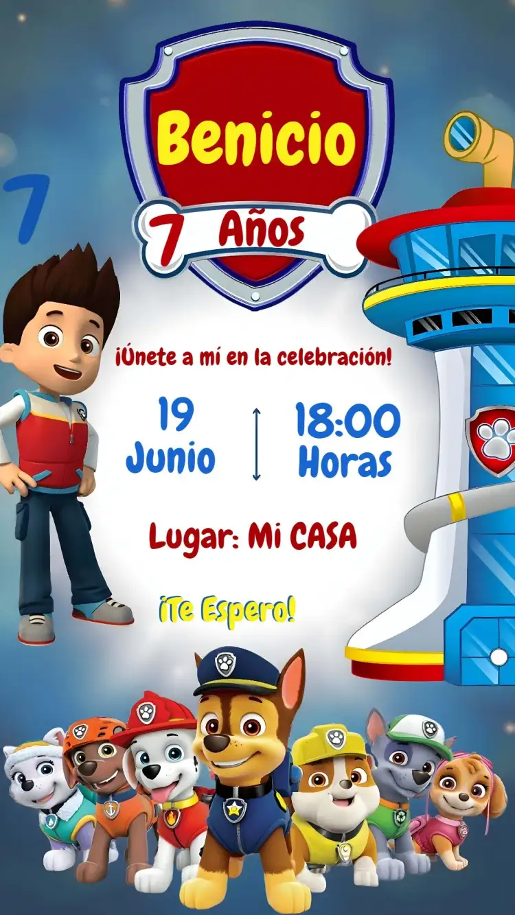 Invitación Patrulla Canina Niño – tema Cumpleaños Infantil temática infantil, colores vibrantes, personajes de dibujos animados, ilustraciones divertidas, estilo moderno