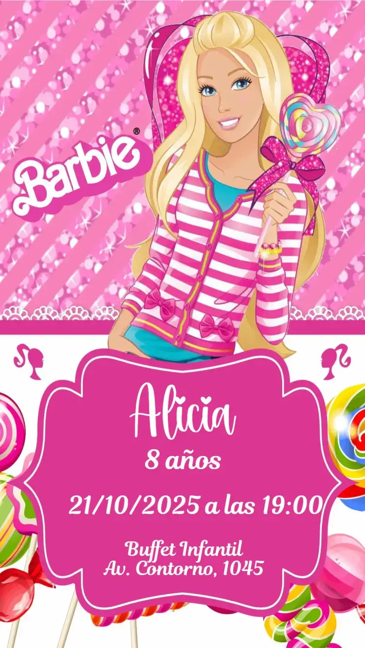 Invitación Barbie – tema Cumpleaños dulce, colorido, infantil, divertido, femenino