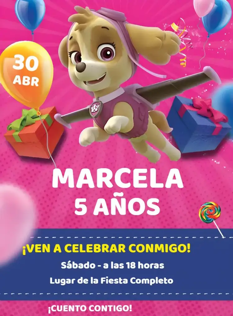 Invitación Skye Patrulla Canina – tema Cumpleaños Infantil rosa, divertido, colorido, aventura, infantil, temático