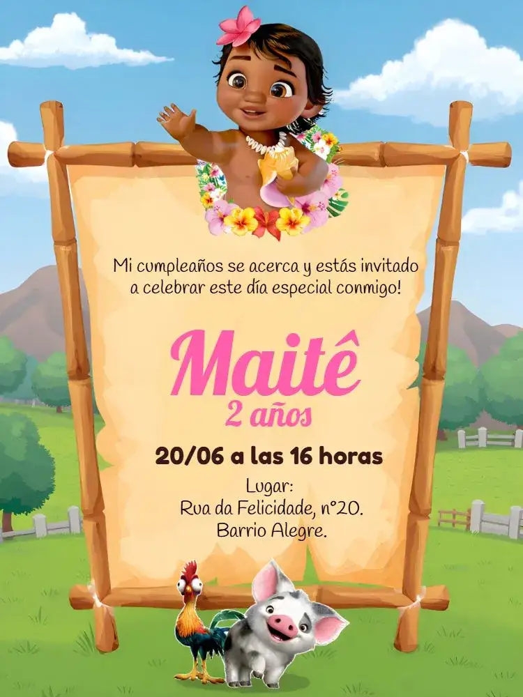 Invitación Moana Baby Playa – tema Más buscados tropical, mar, hibiscos, colores suaves, estilo divertido, elementos gráficos lúdicos