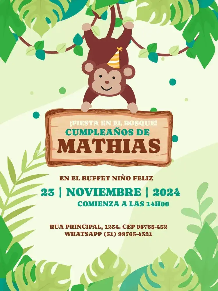 Invitación Infantil Masculino Macaquinho Floresta Animal