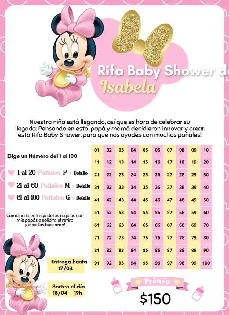 Invitación Minnie Pijama Rosa – tema Té Rifa rosa, lúdico, infantil, femenino, divertido, moderno