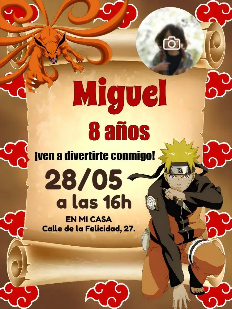Invitación Naruto Con Foto Amarillo – tema Cumpleaños Infantil anime, colorido, infantil, ninja, temático