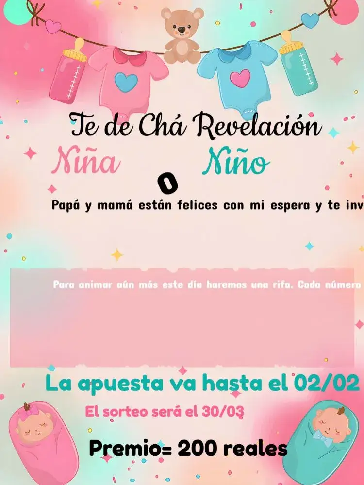 Invitación Té Rifa Revelación Ositos Niña – tema Revelación Bebé colores pastel, ositos adorables, diseño lúdico, estilo moderno, detalles en rosa, elementos gráficos divertidos