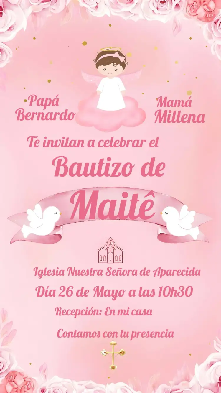 Invitación Bautizo Floral Rosa Bautismo – tema Bautismo floral, rosa, delicado, suave, anjinha, moderno