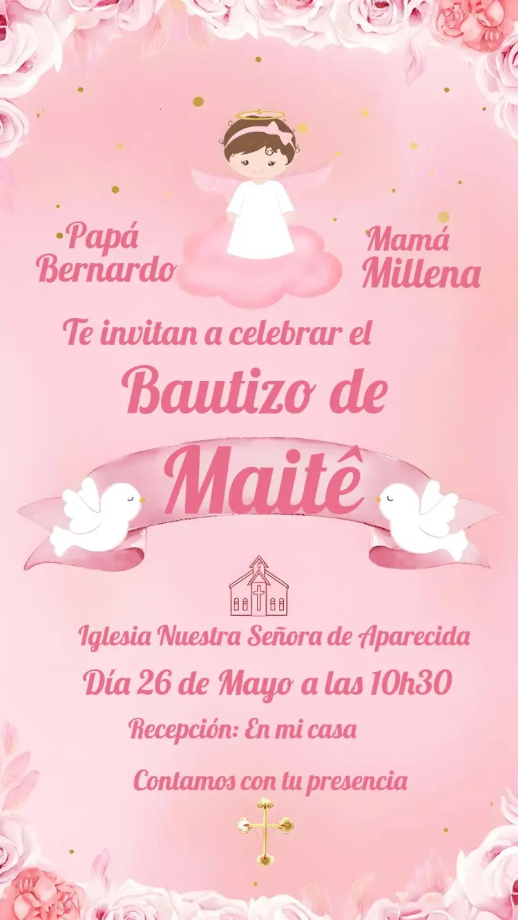 Invitación Bautizo Floral Rosa Bautismo