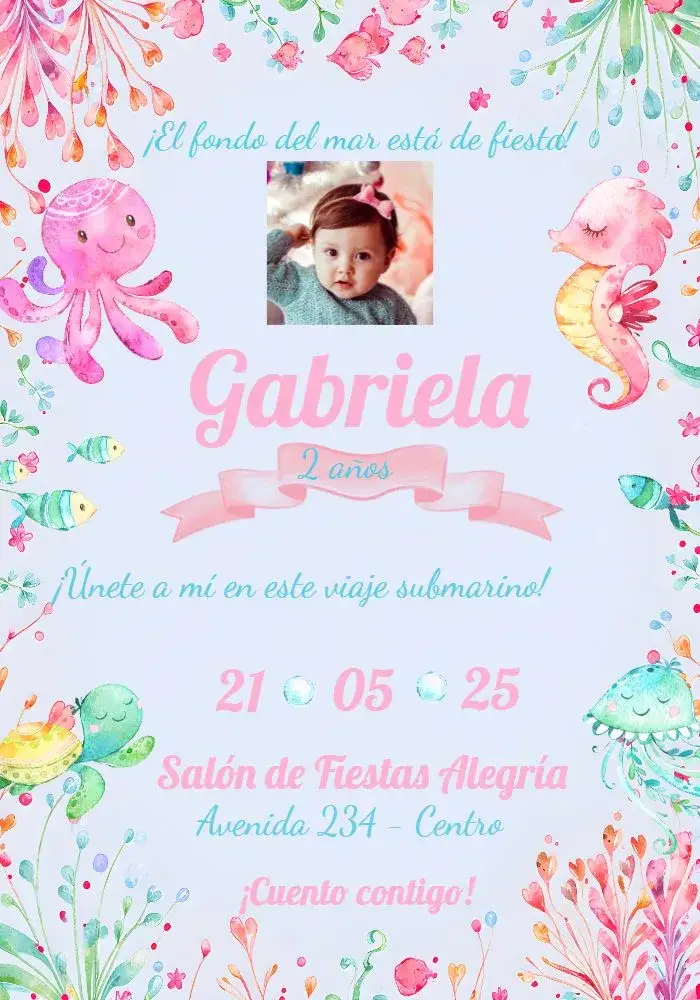 Invitación Fondo Del Mar Acuarela Con Foto Fiesta – tema Cumpleaños Infantil acuarela, marino, colorido, infantil, divertido, femenino