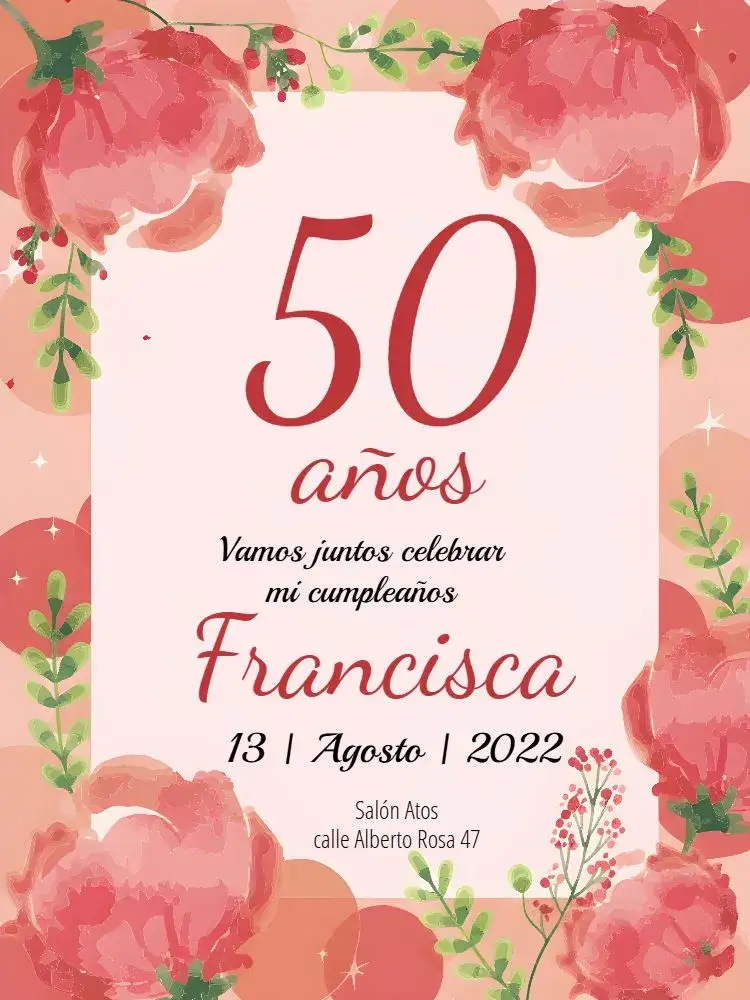 Invitación 50 Años Floral Rojo – tema 15 años floral, elegante, vibrante, moderno, colorido, feminino
