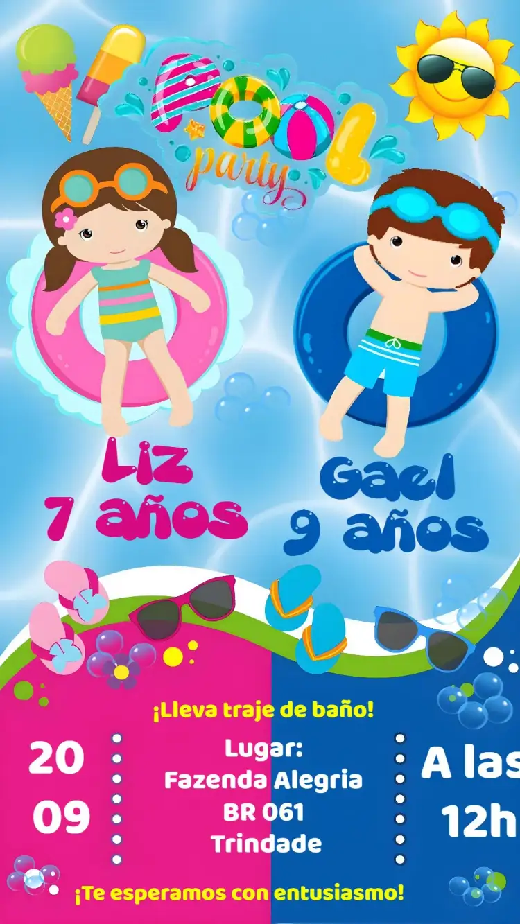 Invitación Pool Party Niña y Niño Fiesta – tema Más buscados piscina, verano, atardecer, colores pasteles, diversión, vacaciones