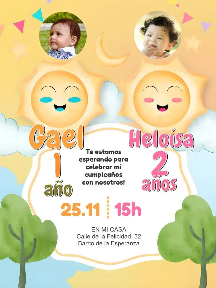 Invitación Doble Primera Vuelta Al Sol Con Foto Estrella – tema Primera Comunión colorido, infantil, brillante, mágico, moderno, divertido