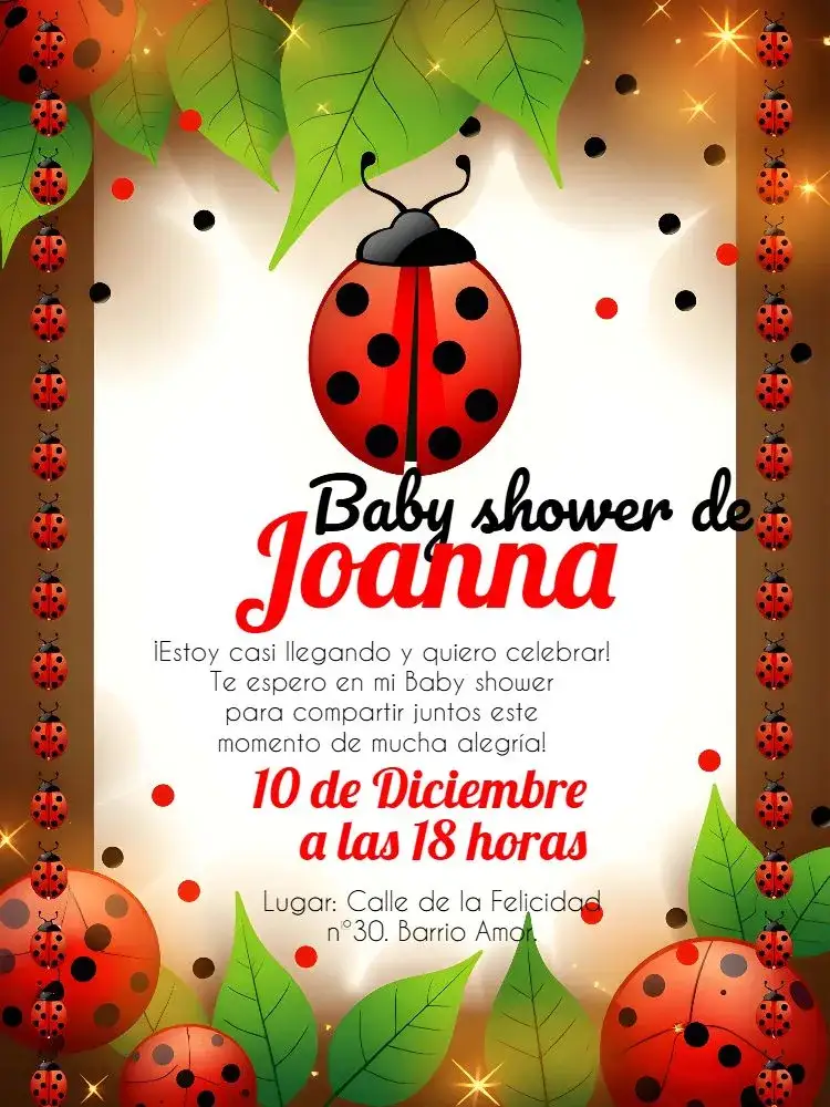 Invitación Baby Shower Catarina Ladybug – tema Baby Shower rojo, blanco, negro, lúdico, animales