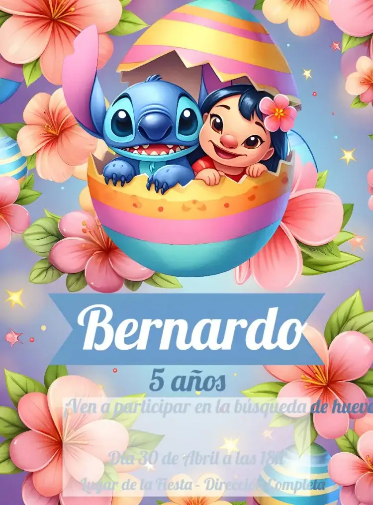 Invitación Pascua Lilo y Stitch Infantil – tema Fechas Conmemorativas colorido, divertido, temático, infantil, Disney