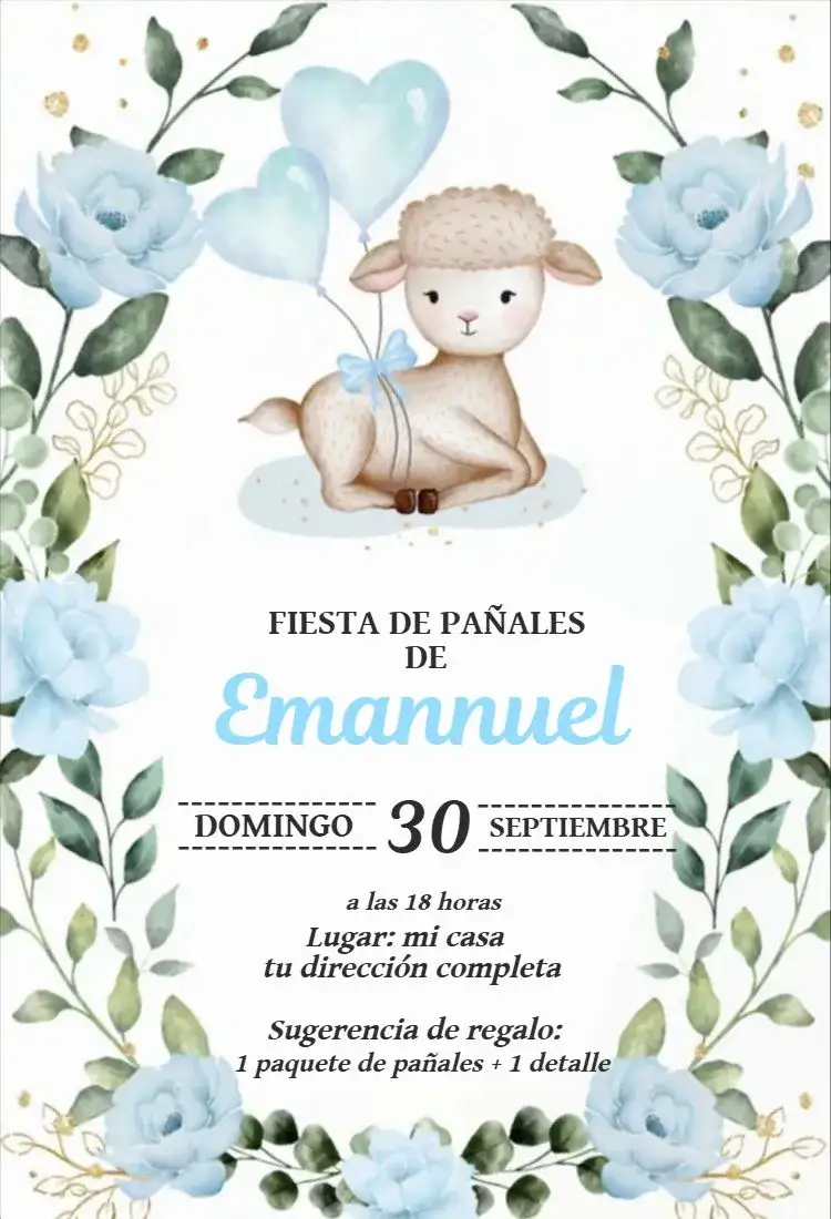 Invitación Baby shower ovejita niño – tema Baby Shower acuarela, floral, azul, delicado, infantil, encantador