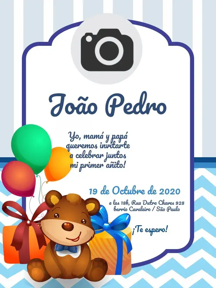 Invitación Oso Niño Fiesta – tema Baby Shower azul, infantil, divertido, fofo, moderno, colorido