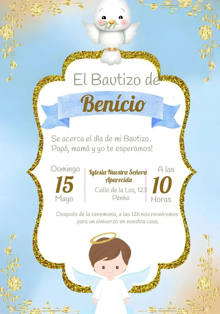 Invitación Bautizo Niño Azul Paz – tema Bautismo azul, dorado, blanco, minimalista, infantil, religioso