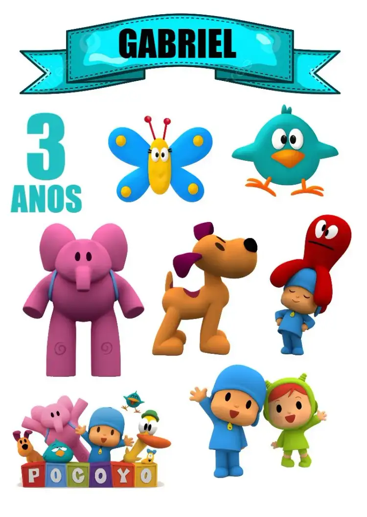 Invitación Topper de Pastel de Pocoyo – tema Topper de torta colorido, divertido, infantil, animados, temática de desenho, vibrante