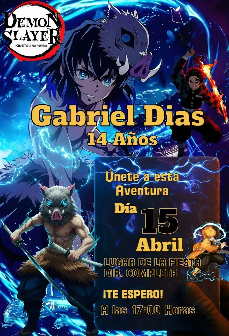 Invitación Inosuke Demon Slayer – tema Cumpleaños moderno, colorido, estilo anime, aventura, jovial, dinámico