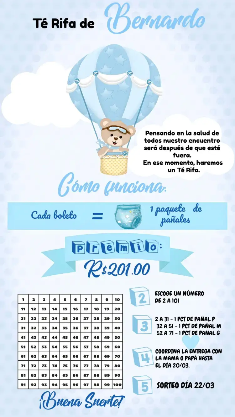 Invitación Té de Rifa Osito Globosito Bebé – tema Té Rifa azul, blanco, lúdico, infantil, tierno, festivo