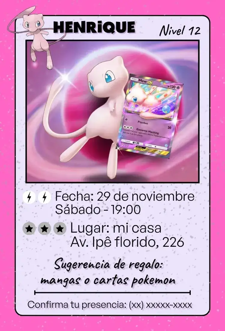 Invitación Carta Pokemon Mew ex – tema Cumpleaños Infantil colorido, divertido, temático, moderno, infantil