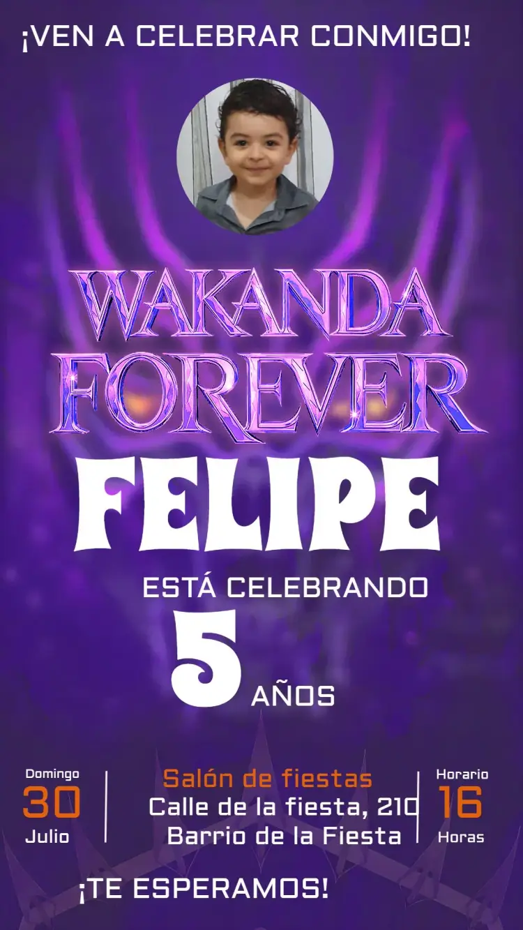 Invitación Wakanda Forever Con Foto Morado