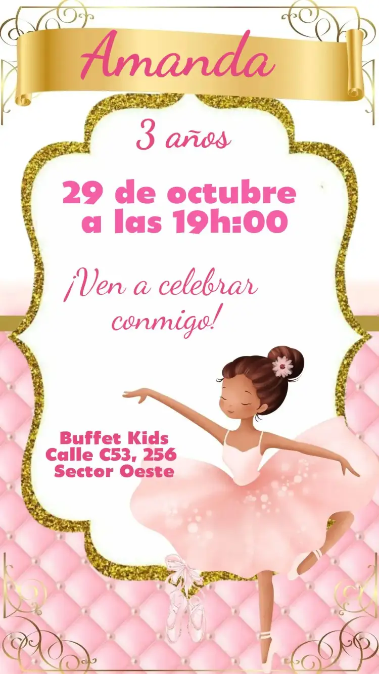 Invitación Bailarina – tema Cumpleaños tonos suaves, estilo delicado, elementos de danza, inspirado en el ballet, ilustraciones encantadoras, toques de elegancia