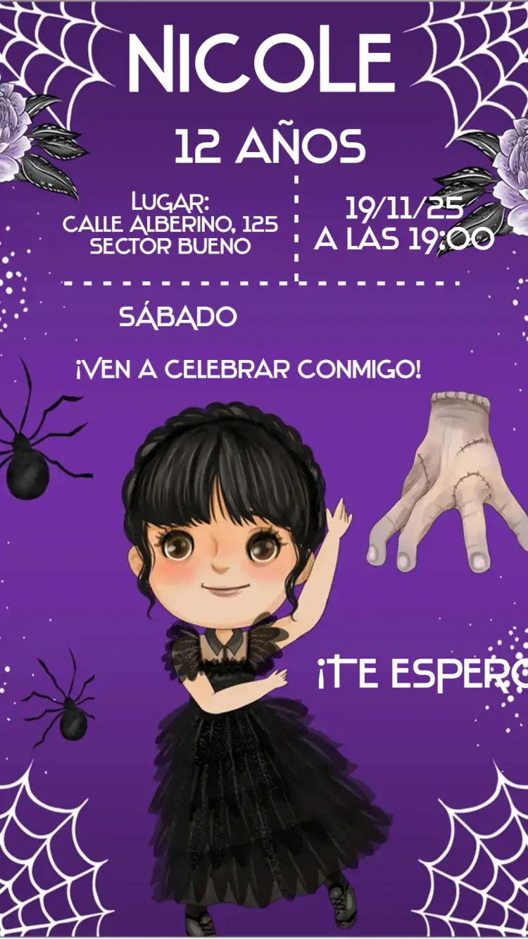 Invitación Wandinha – tema Cumpleaños temática de serie, colores vibrantes, elementos gráficos divertidos, estilo moderno, diseño cautivador