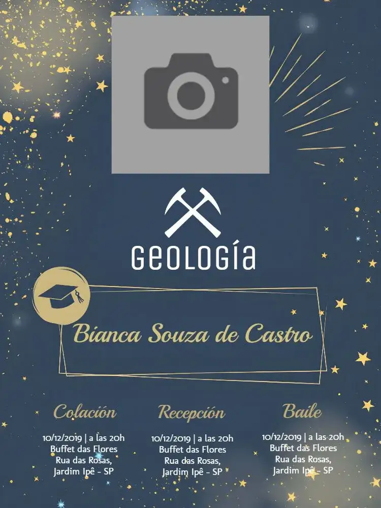 Invitación Graduación Geología Quepe – tema Graduación azul, dorado, moderno, estrellas, elegante, académico