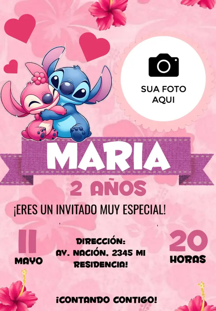 Invitación Stitch Y Angel Con Foto Azul