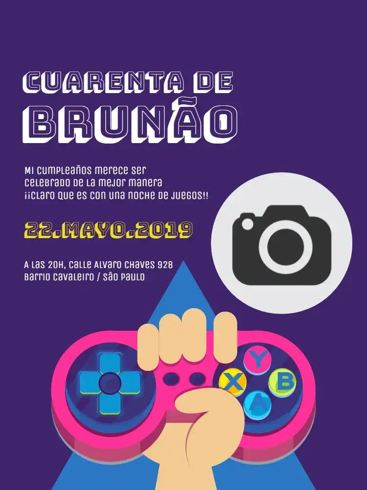 Invitación Videojuegos Juegos – tema Cumpleaños moderno, gamer, púrpura, dinámico, divertido