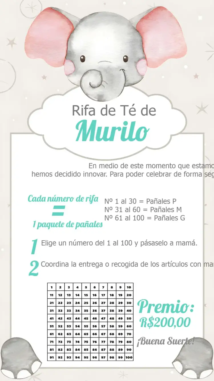 Invitación Chá Rifa Elefantinho Elefante – tema Té Rifa safari, gris, blanco, azul, tierno, moderno