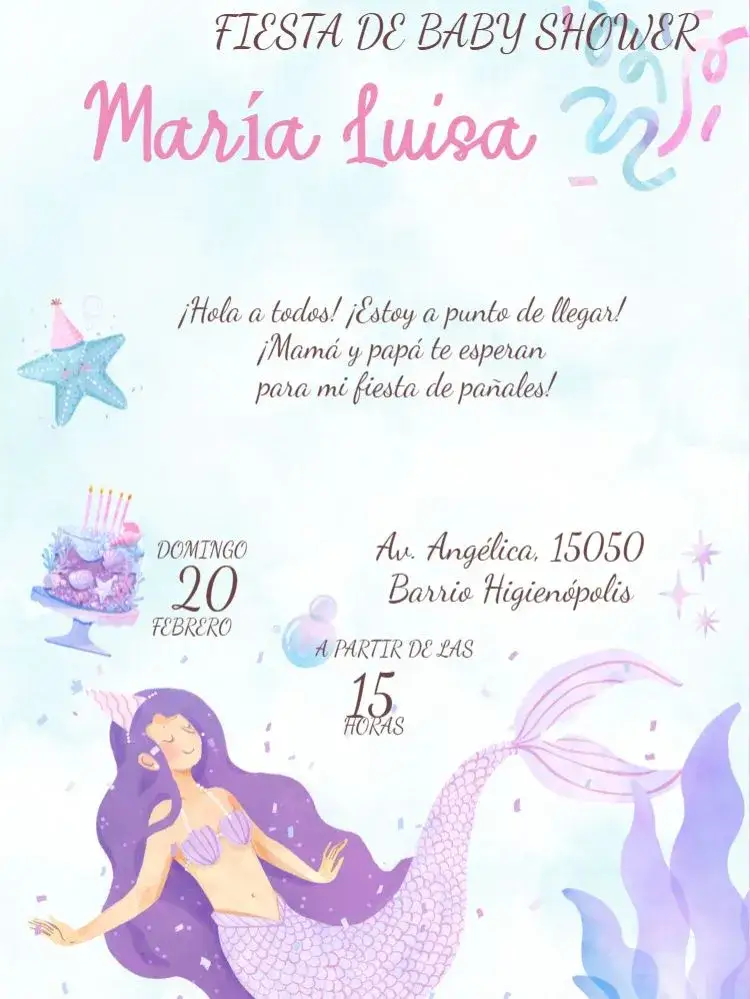 Invitación Baby Shower Sirena Infantil – tema Baby Shower delicado, rosa, fondo marino, sirena, infantil, mágico