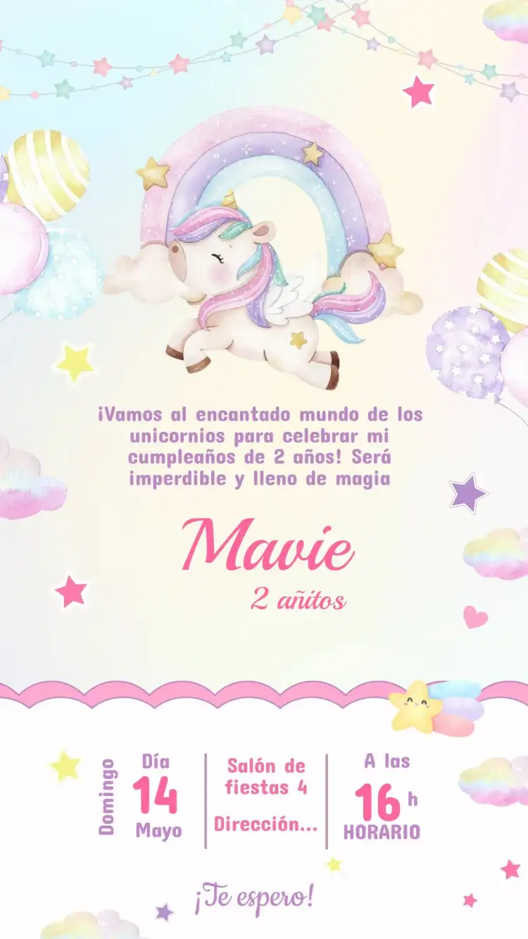 Invitación Invitación Cumpleaños Unicornio – tema Cumpleaños Infantil colores suaves, mágico, ilustraciones de unicornios, estilo lúdico, fantasía, brillo