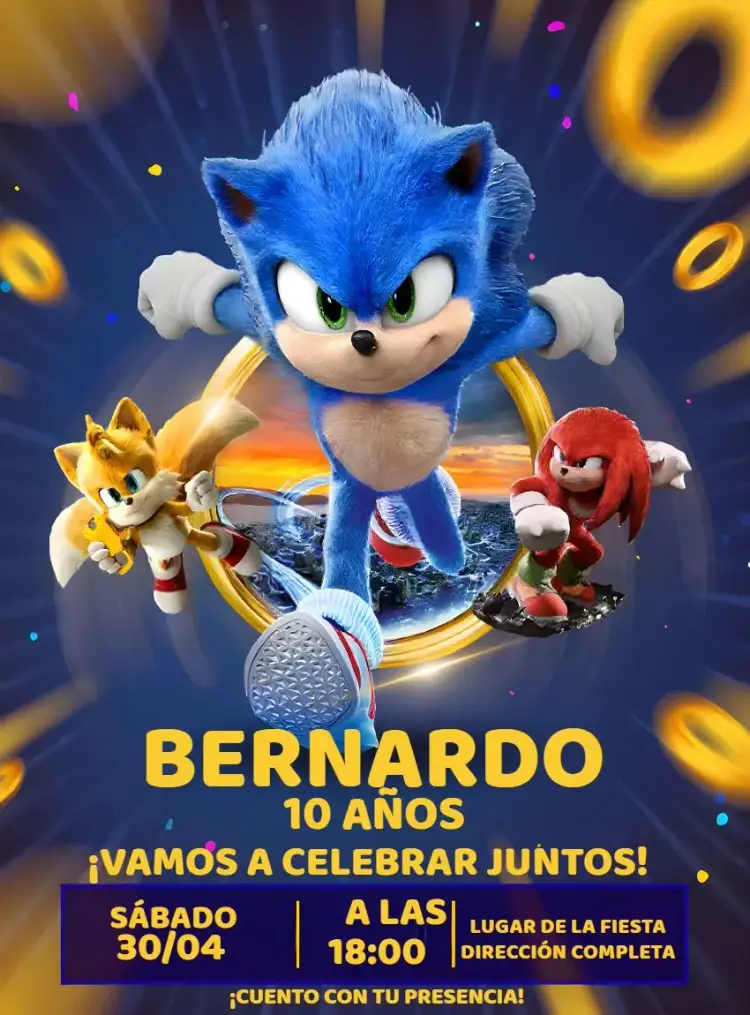 Invitación Sonic Infantil – tema Más buscados azul, divertido, temático, infantil, colorido
