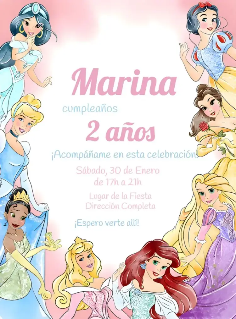 Invitación Princesas De Disney Acuarela Nieve